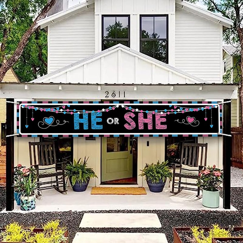 DOTOOMA 118 x 20 Inches He Or She Gender Revel Banner Yard Sign Blue Or Pink For Boys And Girls With Stars And Heart Decoration Baby Shower Supplies Indoor Outdoor Blue Pink - Image 2